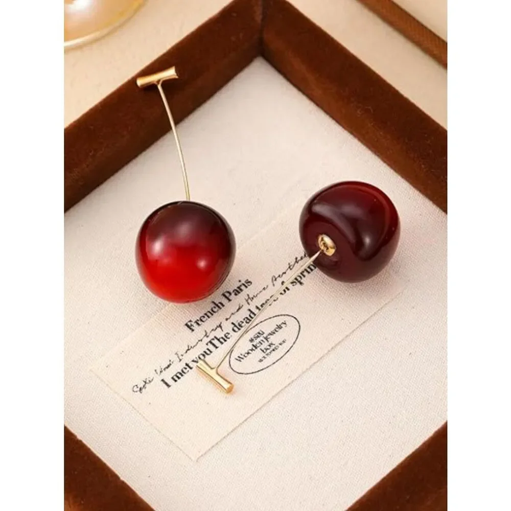 Cherry Drop Earrings Playful Realistic Three Dimensional For Pierced Ears